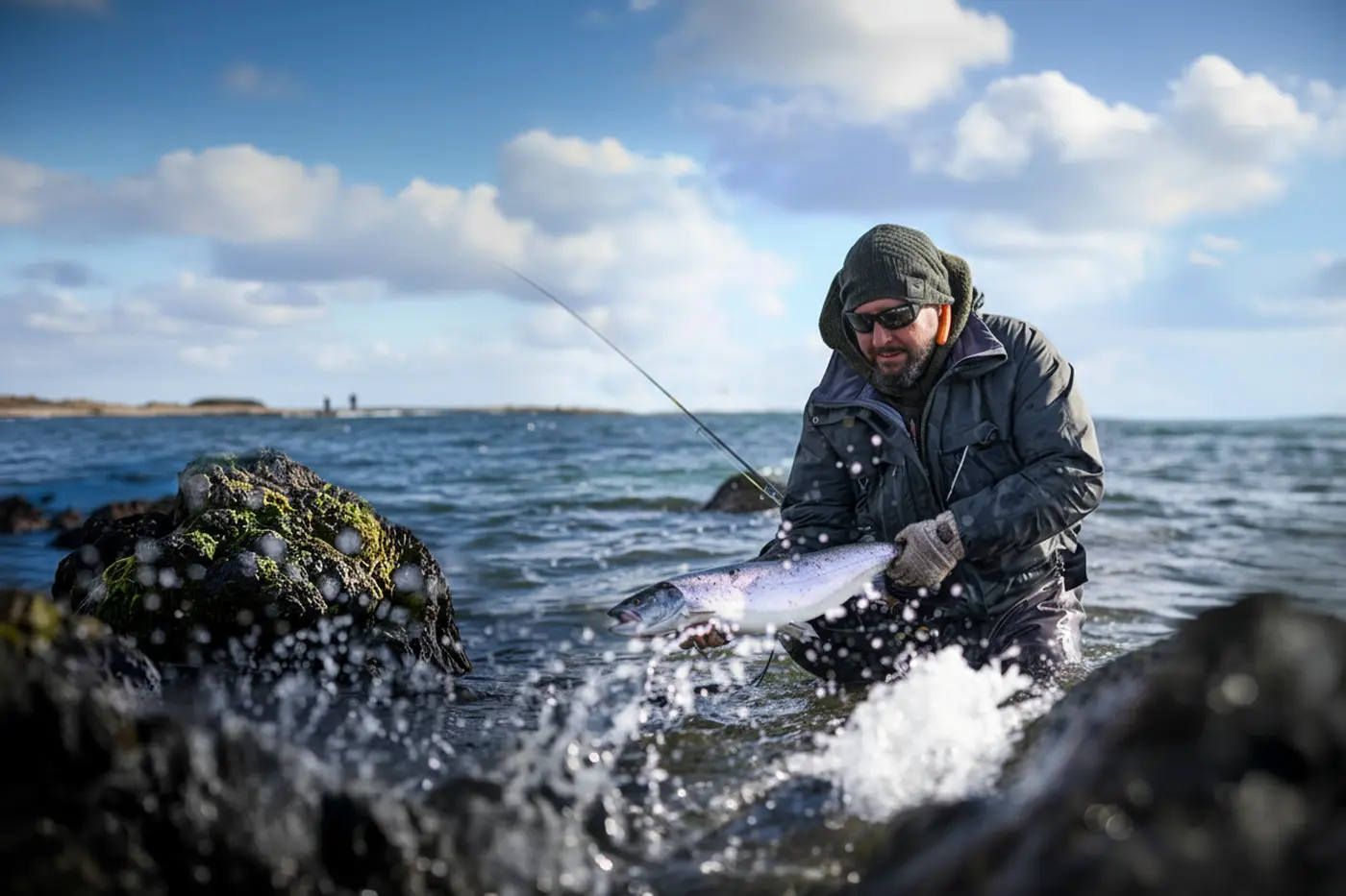 Angler wading at sunrise on the Skåne coastline